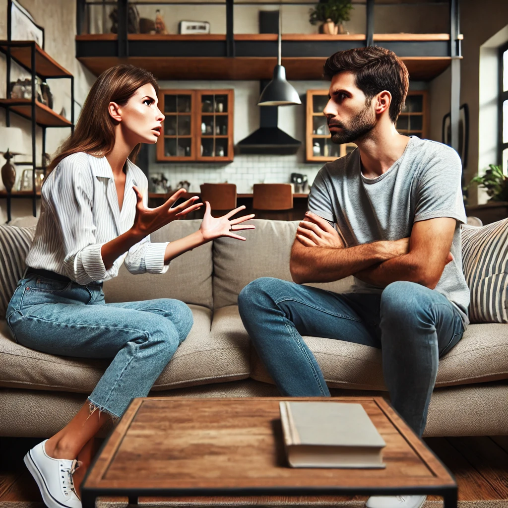 A detailed image of a husband and wife sitting on a sofa in a modern living room, engaged in a heated argument.